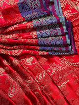 Red Color Handmade Banarasi Satin Silk Saree with Gold Weave | Parsley Pattern design all over the Saree | Purple Parsley on the borders - Kaash