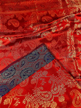 Red Color Handmade Banarasi Satin Silk Saree with Gold Weave | Parsley Pattern design all over the Saree | Purple Parsley on the borders - Kaash