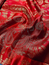 Red Color Handmade Banarasi Satin Silk Saree with Gold Weave | Parsley Pattern design all over the Saree | Purple Parsley on the borders - Kaash