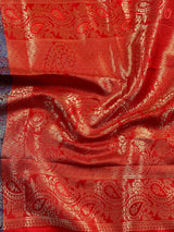 Red Color Handmade Banarasi Satin Silk Saree with Gold Weave | Parsley Pattern design all over the Saree | Purple Parsley on the borders - Kaash