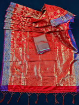 Red Color Handmade Banarasi Satin Silk Saree with Gold Weave | Parsley Pattern design all over the Saree | Purple Parsley on the borders - Kaash