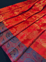 Red Color Handmade Banarasi Satin Silk Saree with Gold Weave | Parsley Pattern design all over the Saree | Purple Parsley on the borders - Kaash