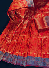 Red Color Handmade Banarasi Satin Silk Saree with Gold Weave | Parsley Pattern design all over the Saree | Purple Parsley on the borders - Kaash