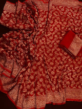 Red pure khaddi georgette banarasi silk saree with antique copper zari weave — Kaash Collection