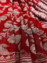 Red pure khaddi georgette banarasi silk saree with antique copper zari weave — Kaash Collection