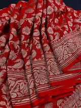 Red pure khaddi georgette banarasi silk saree with antique copper zari weave — Kaash Collection