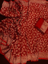 Red Color Pure Khaddi Georgette Banarasi Silk Saree with Antique Copper Zari Weave | Red Color Saree | SILK MARK CERTIFIED - Kaash