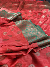 Red with Green Combination Semi-Tussar Silk Saree With Antique Zari Weaving Work | | Kaash Collection - Kaash