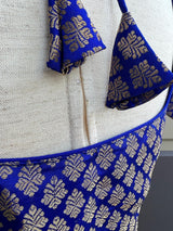 Royal Blue Color Brocade Blouse with Muted Gold Zari Weave | Princess Cut ReadytoWear Blouses | Stitched Blouses for Sarees - Kaash