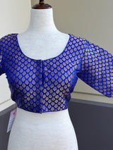 Royal Blue Color Brocade Blouse with Muted Gold Zari Weave | Princess Cut ReadytoWear Blouses | Stitched Blouses for Sarees - Kaash