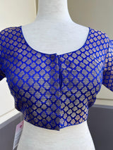 Royal Blue Color Brocade Blouse with Muted Gold Zari Weave | Princess Cut ReadytoWear Blouses | Stitched Blouses for Sarees - Kaash