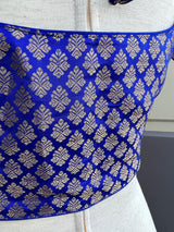 Royal Blue Color Brocade Blouse with Muted Gold Zari Weave | Princess Cut ReadytoWear Blouses | Stitched Blouses for Sarees - Kaash