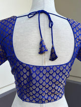 Royal Blue Color Brocade Blouse with Muted Gold Zari Weave | Princess Cut ReadytoWear Blouses | Stitched Blouses for Sarees - Kaash