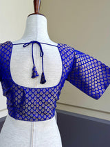 Royal Blue Color Brocade Blouse with Muted Gold Zari Weave | Princess Cut ReadytoWear Blouses | Stitched Blouses for Sarees - Kaash