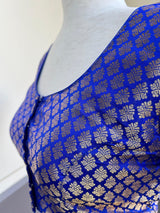 Royal Blue Color Brocade Blouse with Muted Gold Zari Weave | Princess Cut ReadytoWear Blouses | Stitched Blouses for Sarees - Kaash