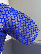 Royal Blue Color Brocade Blouse with Muted Gold Zari Weave | Princess Cut ReadytoWear Blouses | Stitched Blouses for Sarees - Kaash