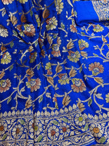Royal Blue pure khaddi georgette banarasi silk saree with antique copper & platinum zari with brush paint — Kaash Collection