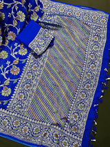 Royal Blue pure khaddi georgette banarasi silk saree with antique copper & platinum zari with brush paint — Kaash Collection