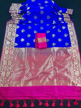 Royal Blue withPurple Border and Pink Pallu Traditional Banarasi Handloom Saree - Kaash