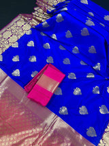 Royal Blue withPurple Border and Pink Pallu Traditional Banarasi Handloom Saree - Kaash