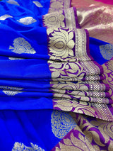 Royal Blue withPurple Border and Pink Pallu Traditional Banarasi Handloom Saree | Floral Design | Banarasi Silk Saree - Kaash