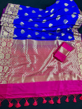 Royal Blue withPurple Border and Pink Pallu Traditional Banarasi Handloom Saree | Floral Design | Banarasi Silk Saree - Kaash
