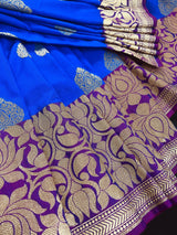 Royal Blue withPurple Border and Pink Pallu Traditional Banarasi Handloom Saree | Floral Design | Banarasi Silk Saree - Kaash