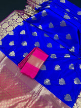 Royal Blue withPurple Border and Pink Pallu Traditional Banarasi Handloom Saree | Floral Design | Banarasi Silk Saree - Kaash