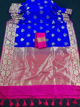 Royal Blue withPurple Border and Pink Pallu Traditional Banarasi Handloom Saree | Floral Design | Banarasi Silk Saree - Kaash