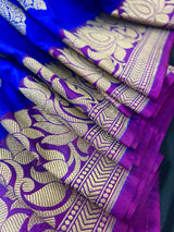 Royal Blue withPurple Border and Pink Pallu Traditional Banarasi Handloom Saree | Floral Design | Banarasi Silk Saree - Kaash