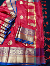 Ruby Red Soft Cotton Silk saree in soft cotton silk with zari buttas with 7.5" banarasi borders — Kaash Collection