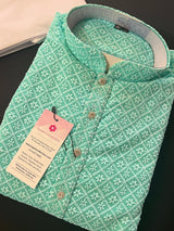 Sea Green Color Chikankari Lucknowi Georgette Men Kurta Pajama Set with Lining | Chikhenkari Kurtas | Mens Ethnic Wear | Kaash Kurtas - Kaash