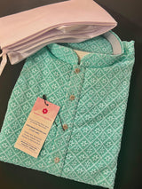Sea Green Color Chikankari Lucknowi Georgette Men Kurta Pajama Set with Lining | Chikhenkari Kurtas | Mens Ethnic Wear | Kaash Kurtas - Kaash