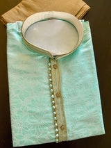 Sea Green Soft Silk Men Kurta Pajama with Weave Work - Kaash