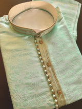 Sea Green Soft Silk Men Kurta Pajama with Weave Work - Kaash