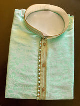 Sea Green Soft Silk Men Kurta Pajama with Weave Work - Kaash