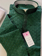 Bottle Green men's kurta pajama in premium georgette with sequin & chikankari embroidery — Kaash Collection