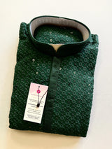 Sequin Chikhenkari Embroidery Kurta Pajama Set in Bottle Green | Wedding Mens Wear | Wedding, Party Wear Kurta | Sequin Chikhenkari Kurta - Kaash