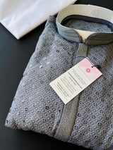 Sequin Chikhenkari Kurta Pajama Set in Dark Grey | Designer Wedding Mens Ethnic Wear | Wedding, Party Wear Kurta | Sequin Chikhenkari Kurta - Kaash