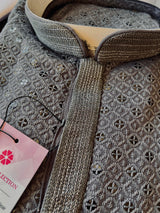 Sequin Chikhenkari Kurta Pajama Set in Dark Grey | Designer Wedding Mens Ethnic Wear | Wedding, Party Wear Kurta | Sequin Chikhenkari Kurta - Kaash