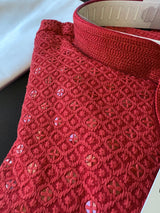 Maroon Red men's kurta pajama in premium georgette with sequin & chikankari embroidery — Kaash Collection