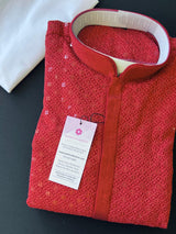 Maroon Red men's kurta pajama in premium georgette with sequin & chikankari embroidery — Kaash Collection