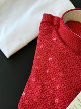 Sequin Chikhenkari Kurta Pajama Set in Maroon Red | Designer Wedding Mens Ethnic Wear | Wedding, Party Wear Kurta | Sequin Chikhenkari Kurta - Kaash