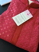 Sequin Chikhenkari Kurta Pajama Set in Maroon Red | Designer Wedding Mens Ethnic Wear | Wedding, Party Wear Kurta | Sequin Chikhenkari Kurta - Kaash