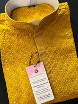 Sequin Chikhenkari Kurta Pajama Set in Mustard Yellow | Designer Wedding Mens Wear | Haldi , Party Wear Kurta | Sequin Chikhenkari Kurta - Kaash