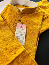 Sequin Chikhenkari Kurta Pajama Set in Mustard Yellow | Designer Wedding Mens Wear | Haldi , Party Wear Kurta | Sequin Chikhenkari Kurta - Kaash