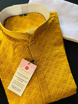 Sequin Chikhenkari Kurta Pajama Set in Mustard Yellow | Designer Wedding Mens Wear | Haldi , Party Wear Kurta | Sequin Chikhenkari Kurta - Kaash