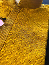 Sequin Chikhenkari Kurta Pajama Set in Mustard Yellow | Designer Wedding Mens Wear | Haldi , Party Wear Kurta | Sequin Chikhenkari Kurta - Kaash