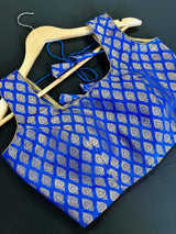 Size 36 – Blue Color Stitched Sleeveless Blouse with Gold Buttis Pure Banarasi - Kaash
