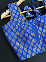 Size 36 | Blue Color Stitched Sleeveless Blouse with Gold Buttis Pure Banarasi | Readymade Blouse | Pink Ready to Wear Banarasi Blouse - Kaash